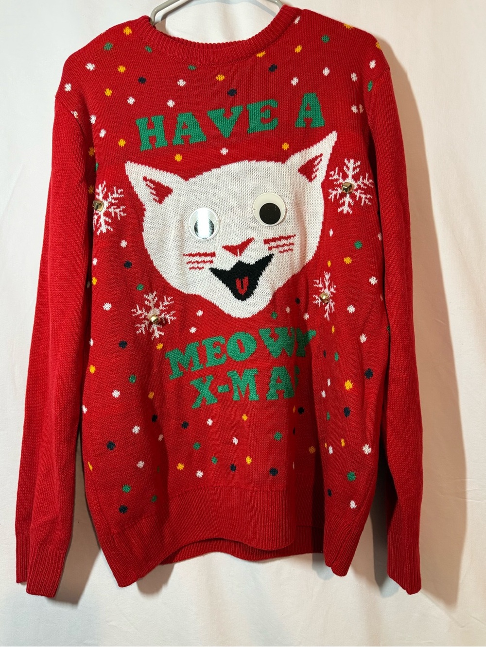 H&M Ugly Christmas Sweater M Meowy Xmas Cat Googly Eyes Jingle Bells Red